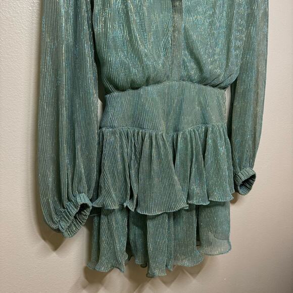 OLIVACEOUS Turquoise Metallic Long Sleeve Dress Women Size Small - Picture 3 of 6